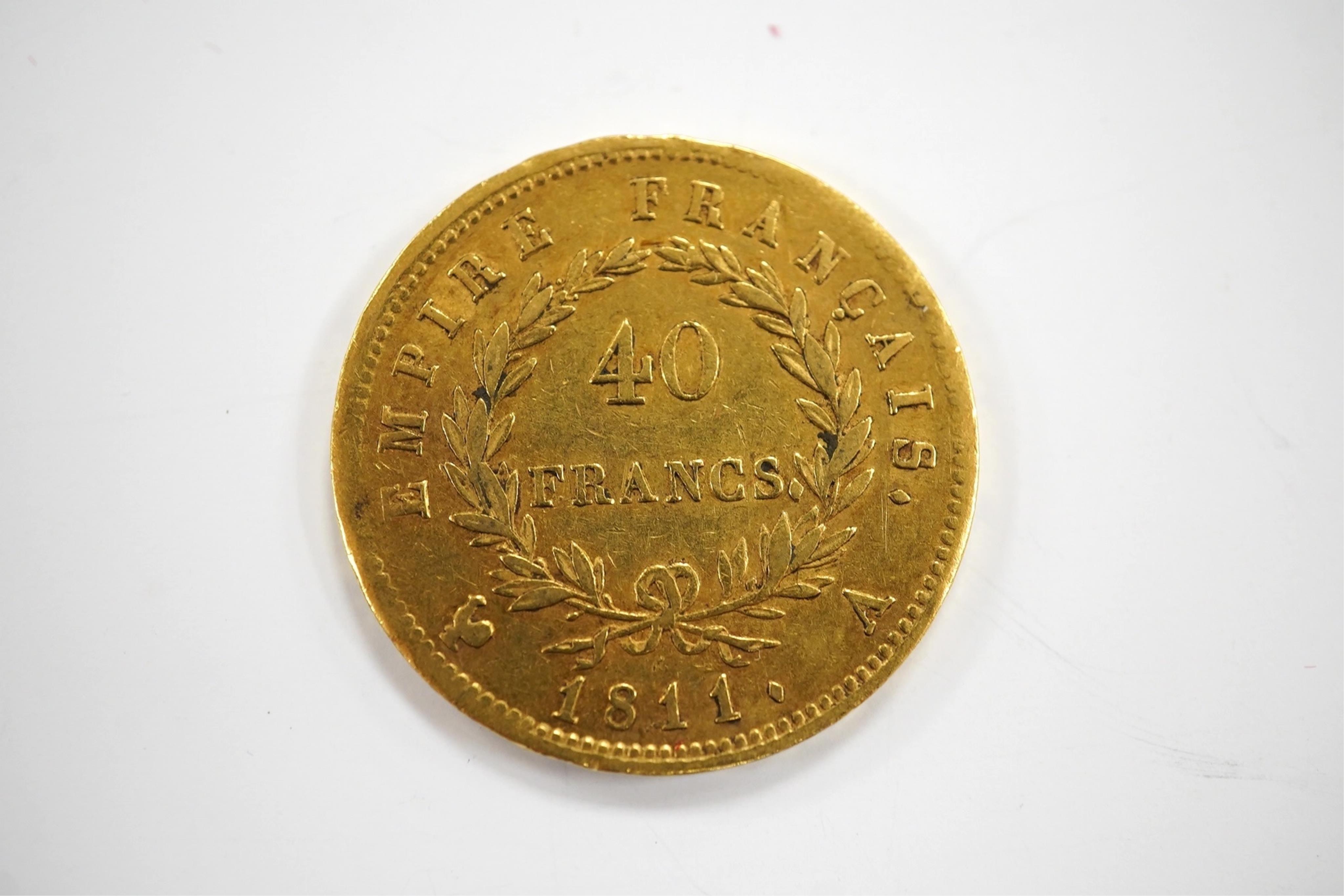 France gold coins, Napoleon I, 40 Francs, 1811A (km# 696.1), probably demounted, otherwise fine or better, approx. 12.85g